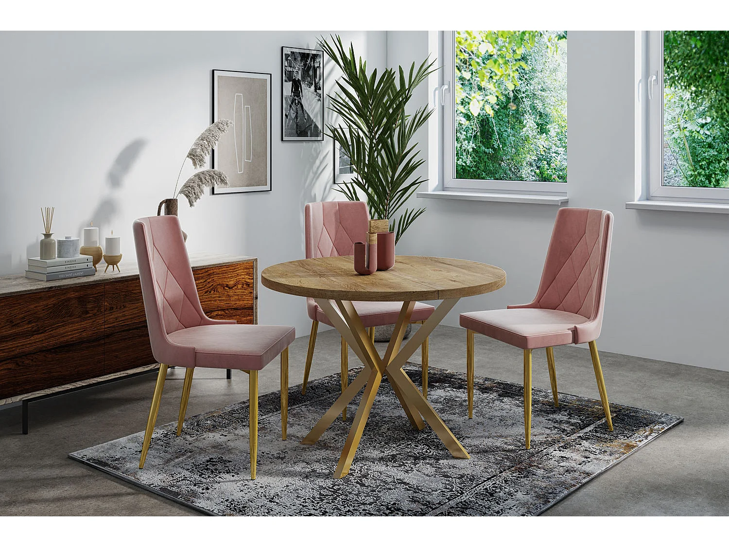 Runder Esstisch Ausziehbar ⌀ 100 cm - Goldene X-Beine - Braun - EU Herstellung