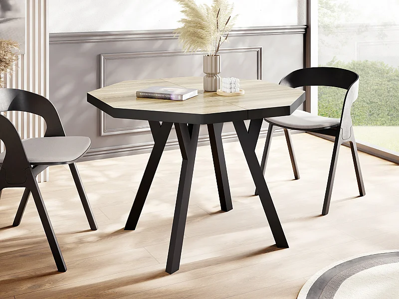 Moderner Runder Ausziehbarer Esstisch Desmond mit Schwarz Holzbeinen – Erweiterbar bis 200 cm, Ideal für 4 bis 8 Personen - Loft-Stil Tisch für Küche - Sonoma Eiche