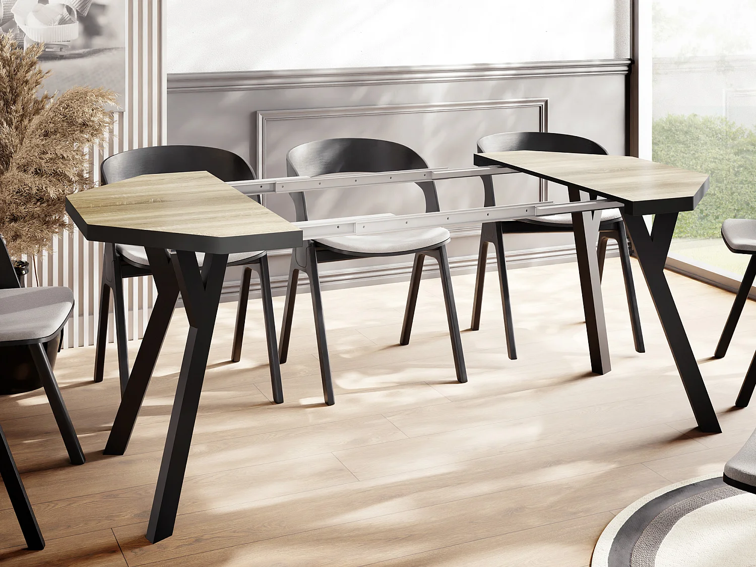 Moderner Runder Ausziehbarer Esstisch Desmond mit Schwarz Holzbeinen – Erweiterbar bis 200 cm, Ideal für 4 bis 8 Personen - Loft-Stil Tisch für Küche - Sonoma Eiche