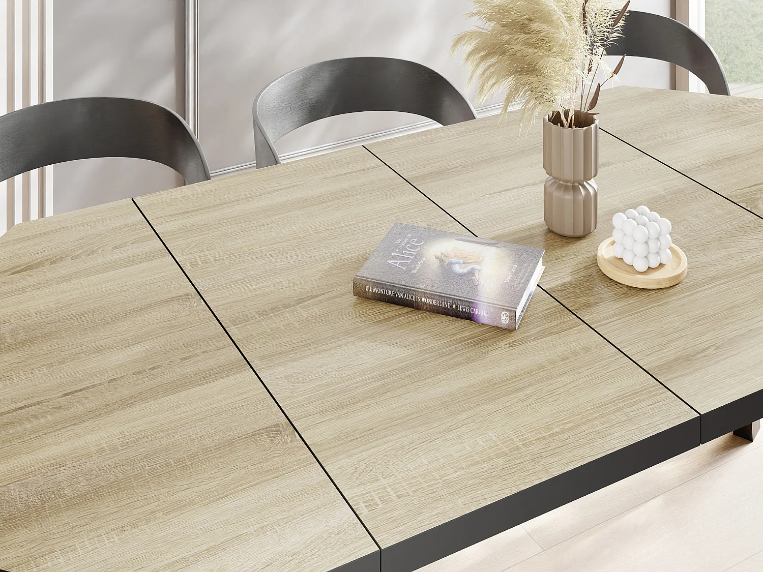 Moderner Runder Ausziehbarer Esstisch Desmond mit Schwarz Holzbeinen – Erweiterbar bis 200 cm, Ideal für 4 bis 8 Personen - Loft-Stil Tisch für Küche - Sonoma Eiche