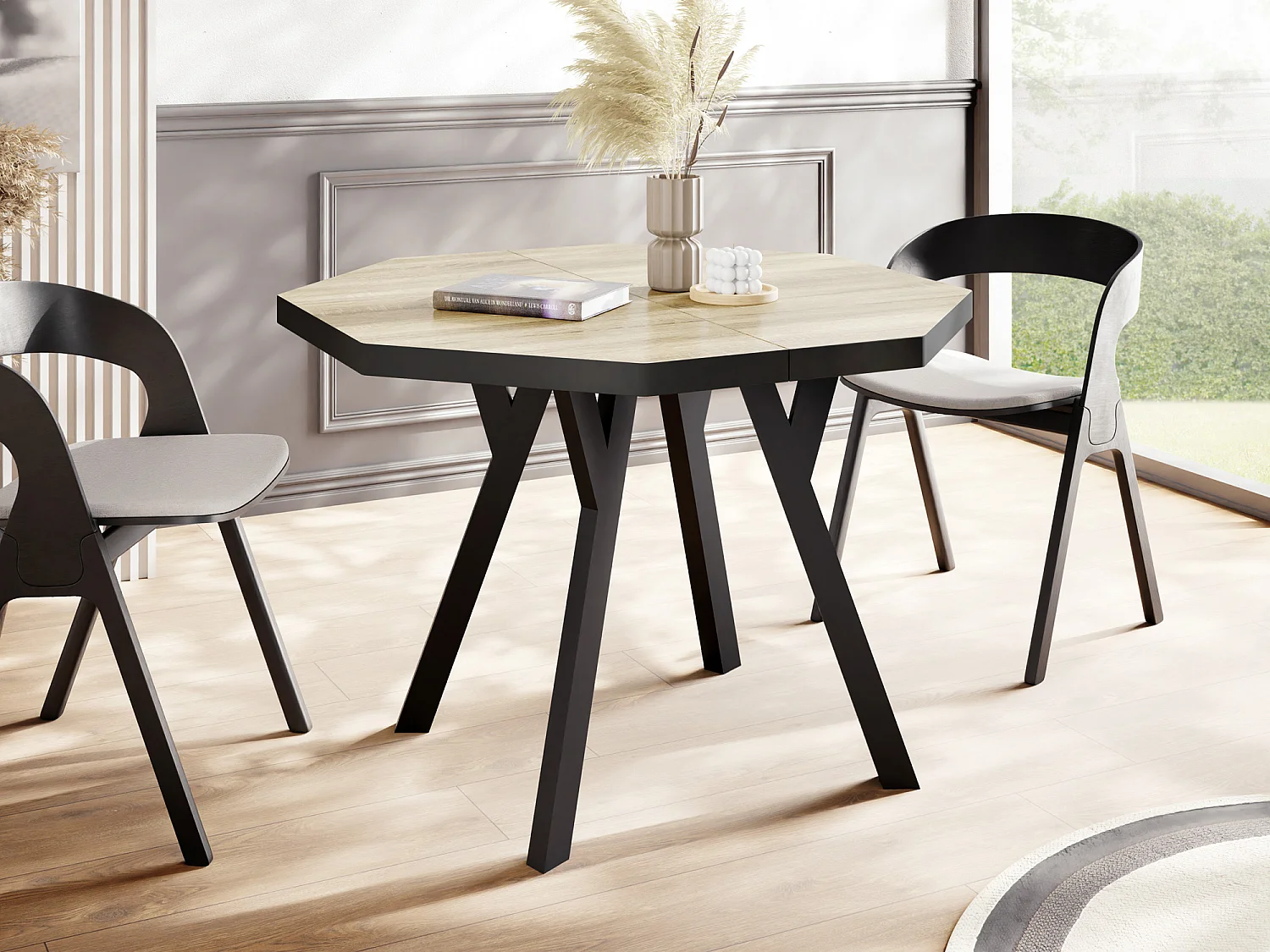 Moderner Runder Ausziehbarer Esstisch Desmond mit Schwarz Holzbeinen – Erweiterbar bis 200 cm, Ideal für 4 bis 8 Personen - Loft-Stil Tisch für Küche - Sonoma Eiche