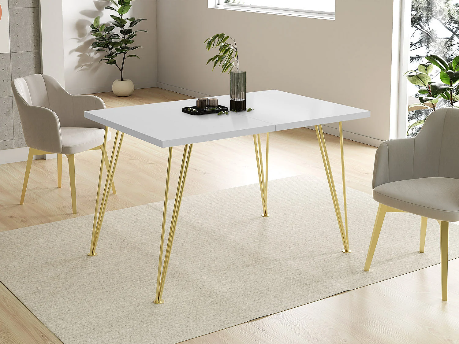 Rectangulaire Table à Manger Extensible - Table Large Style Loft Avec Pieds En Doré Métal - 120 à 220 Cm Table Style Industriel Pour Le Salon - Gain De Place - Blan
