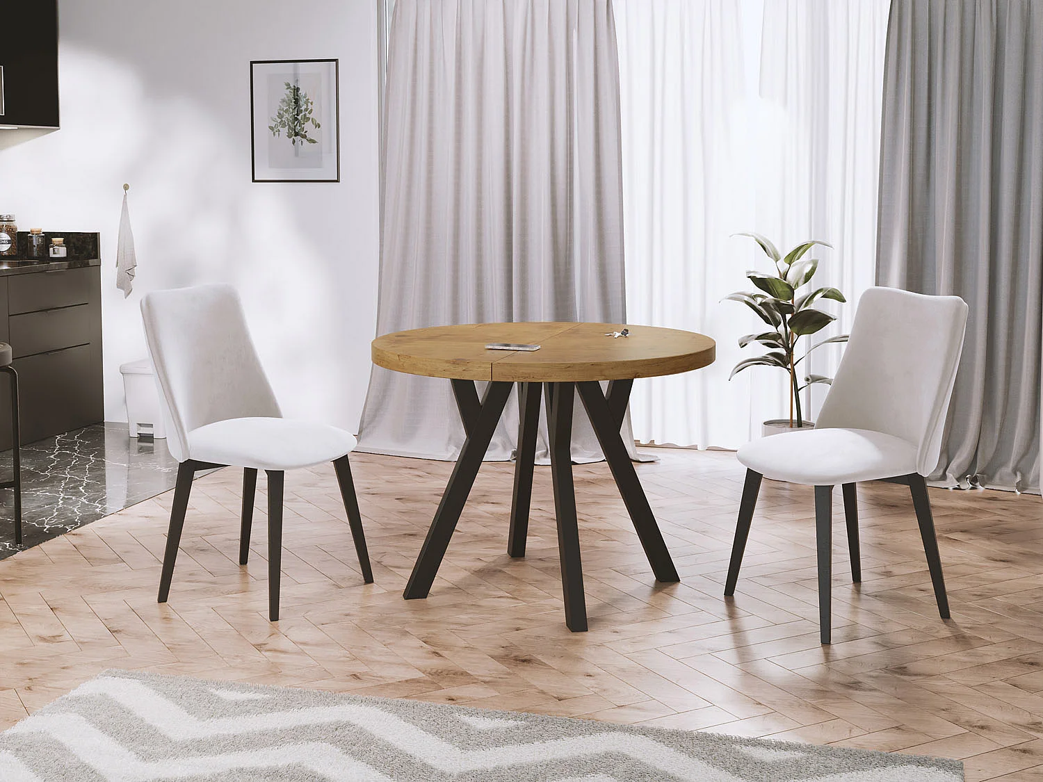 Designer Runder Ausziehbarer Esstisch - Loft-Stil, Platzsparend - Schwarze Beine - 100 bis 200 cm - für 5-10 Personen - Hergestellt in EU - Lancelot Eiche - 200 cm