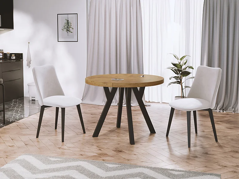 Designer Runder Ausziehbarer Esstisch - Loft-Stil, Platzsparend - Schwarze Beine - 100 bis 200 cm - für 5-10 Personen - Hergestellt in EU - Lancelot Eiche - 200 cm