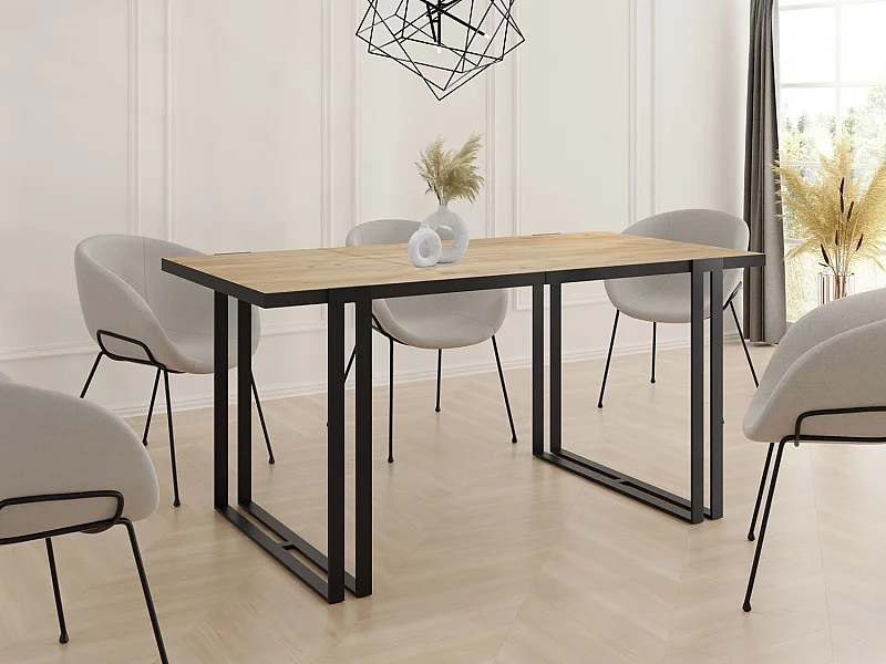 Ausziehbarer Esstisch mit Tischrand schwarzes Dekor - Großer Tisch im Loft-Stil mit Schwarzen Metallbeinen 160 bis 260 cm - 160 x 90 cm - Craft Eiche