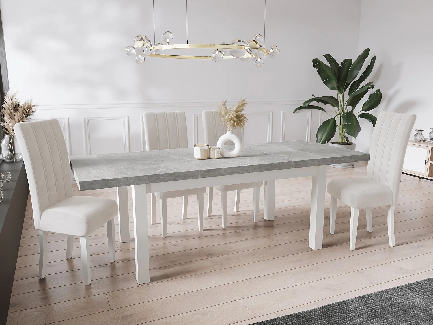 Moderner Rechteckiger Ausziehbarer Esstisch - Platzsparend - Weißen Holzbeine - 170 bis 250 cm - Hergestellt in EU - 170 x 90 cm - Grau Beton