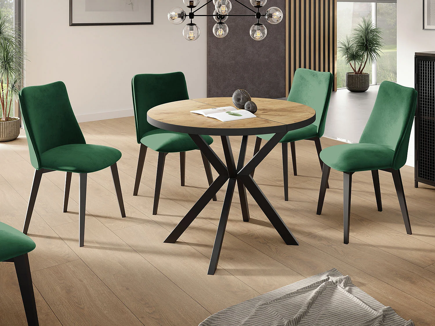 Runder Ausziehbar Tisch für das Esszimmer - Tischrand Schwarzes Dekor - 100 oder 120 cm - Ausziehbarer Tisch mit Schwarzen Metallbeinen - 100 cm - Lancelot Eiche