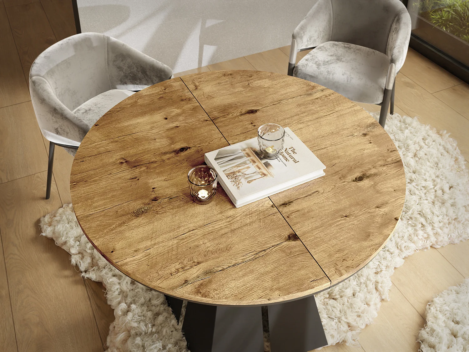 Table à Manger Ronde Extensible avec Piètement Métallique Noir - Table Industrielle Moderne pour Salle à Manger - 100 cm à 180 cm - Fabriqué en UE - Chêne Lancelot