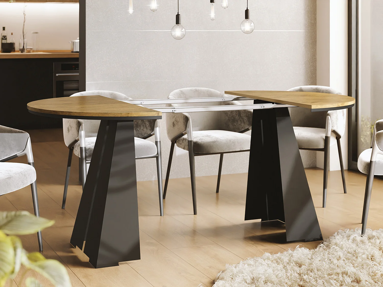 Table à Manger Ronde Extensible avec Piètement Métallique Noir - Table Industrielle Moderne pour Salle à Manger - 100 cm à 180 cm - Fabriqué en UE - Chêne Lancelot