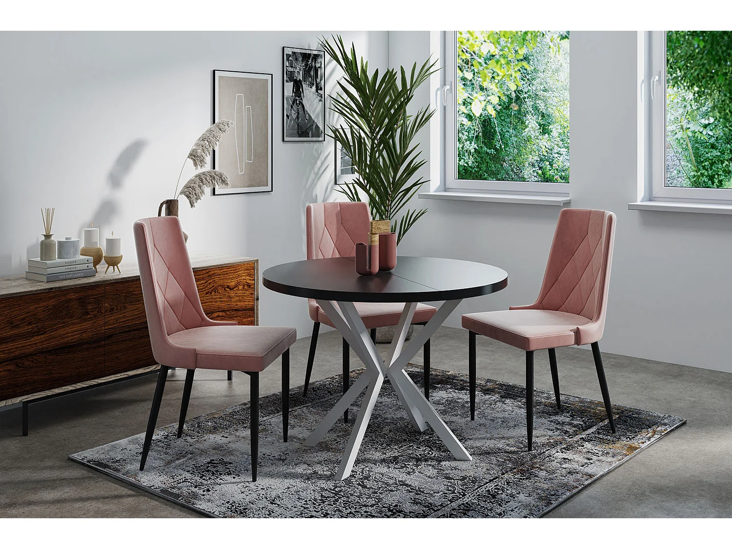 Runder Ausziehbarer Esstisch für 6-8 Personen - Loft Style Tisch mit Weißen Metallbeinen - 120 bis 200 cm - Industrieller Tisch für Wohnzimmer - Schwarz - 120 cm