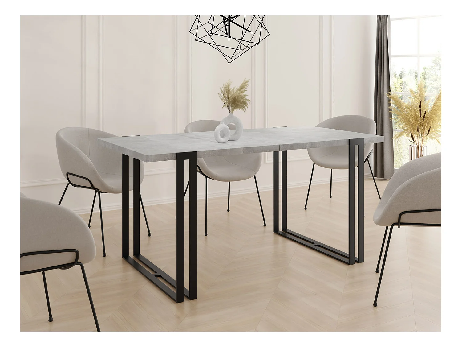 Ausziehbarer Esstisch - Großer Tisch im Loft-Stil mit Schwarze Metallbeinen 140 bis 240 cm - Industrietisch für das Wohnzimmer - Beton Grau - 140 x 80 cm