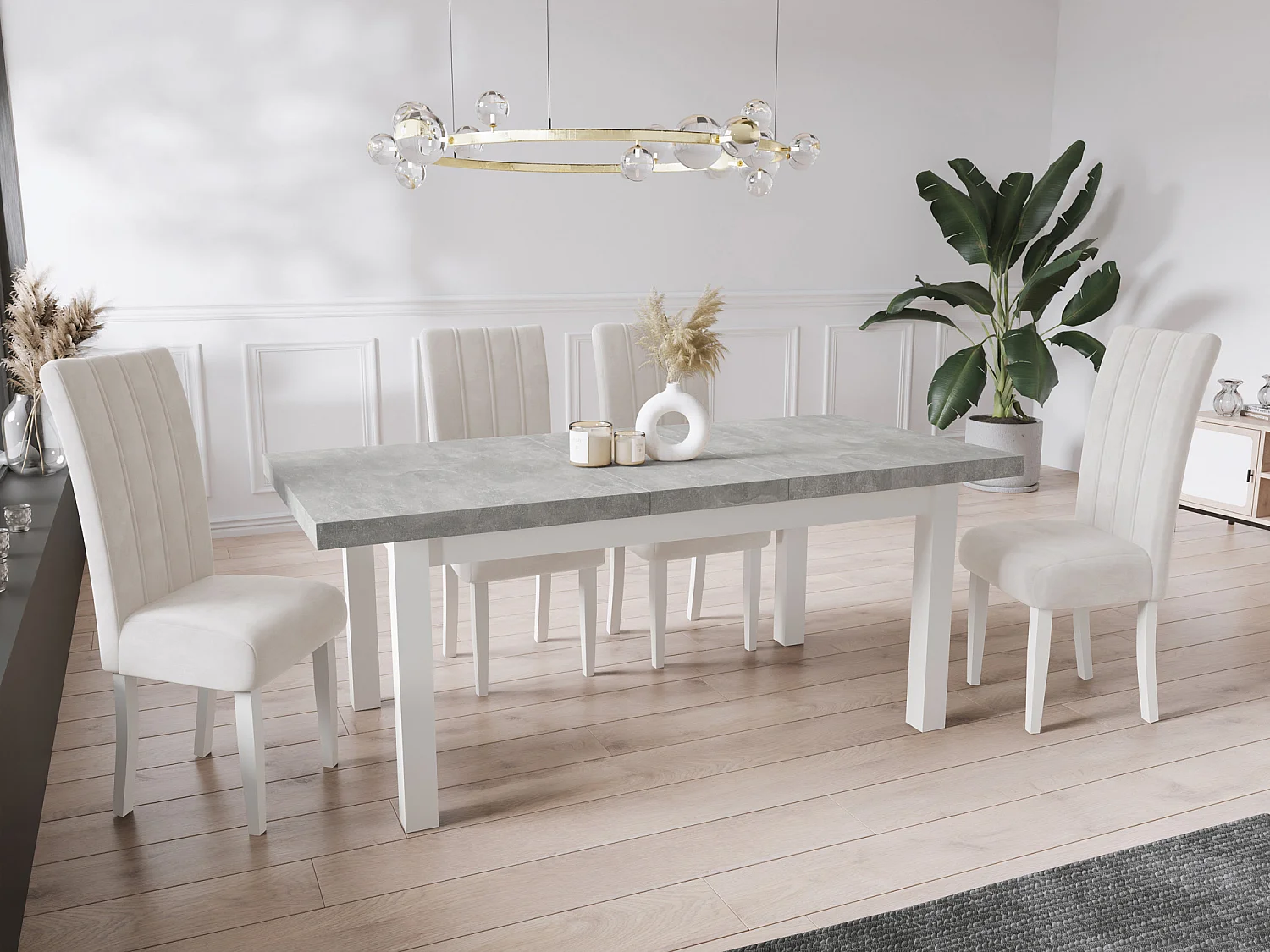 Table à Manger Extensible Rectangulaire Moderne - Gain de Place - Pieds en Bois Blanc - Fabriqué en UE - 160 x 90 cm - Béton Gris