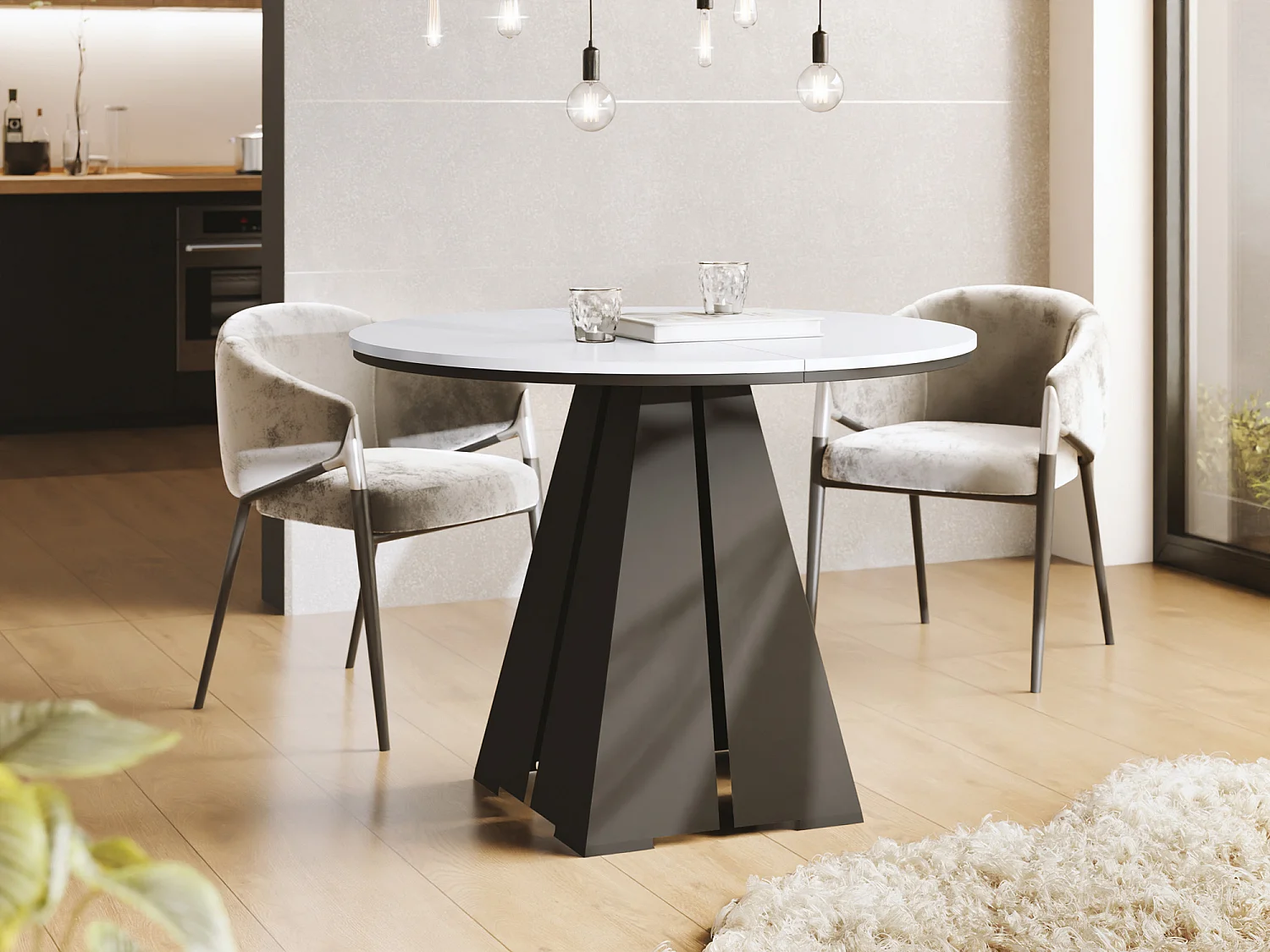 Runder Ausziehbarer Esstisch mit Schwarzem Metallgestell - Moderner Industrieller Tisch für Esszimmer oder Küche - 120 cm bis 200 cm - Made in EU - Weiß