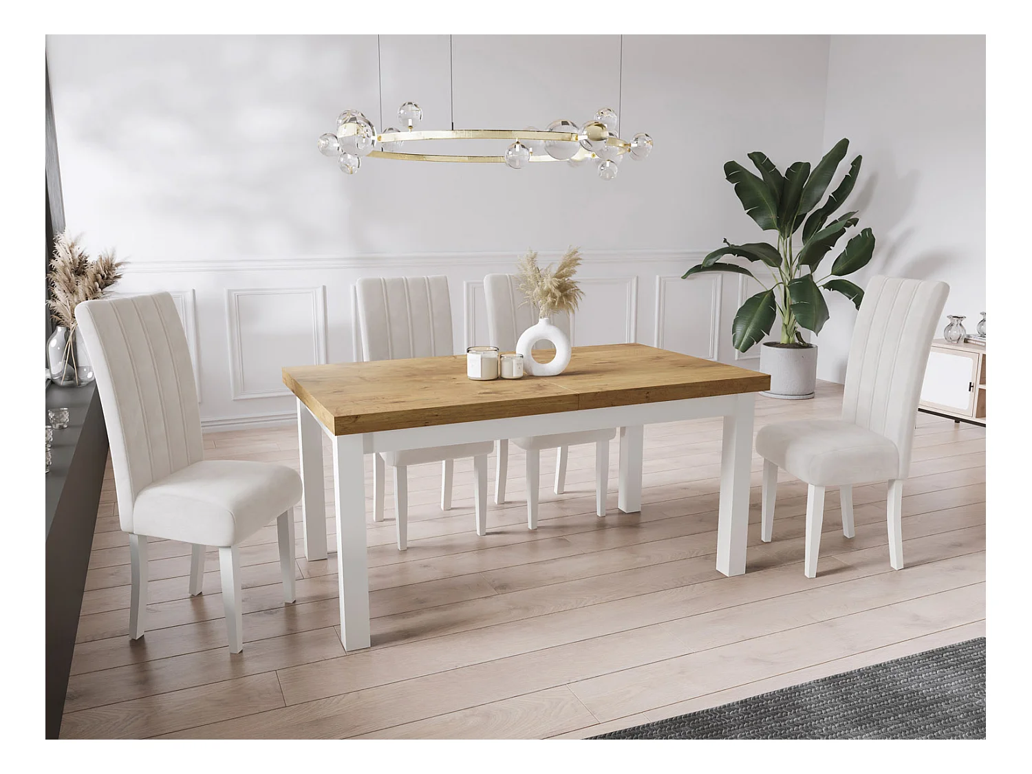 Moderner Rechteckiger Ausziehbarer Esstisch - Platzsparend - Weißen Holzbeine - 120 bis 160 cm - Hergestellt in EU - 120 x 80 cm - Lancelot Eiche