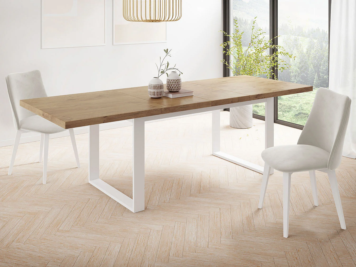 Rechteckiger Loft Esstisch Für Wohnzimmer - Loft Stil Esstisch Mit Weißen Metallfüßen - Ausziehbarer Esstisch von 160 cm bis 240 cm - Made in EU - Lancelot Eiche