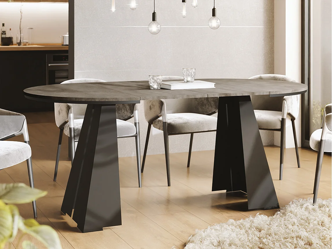 Table à Manger Ronde Extensible avec Piètement Métallique Noir - Table Industrielle Moderne - 120 cm à 200 cm - Fabriqué en UE - Grey Chicago Concrete
