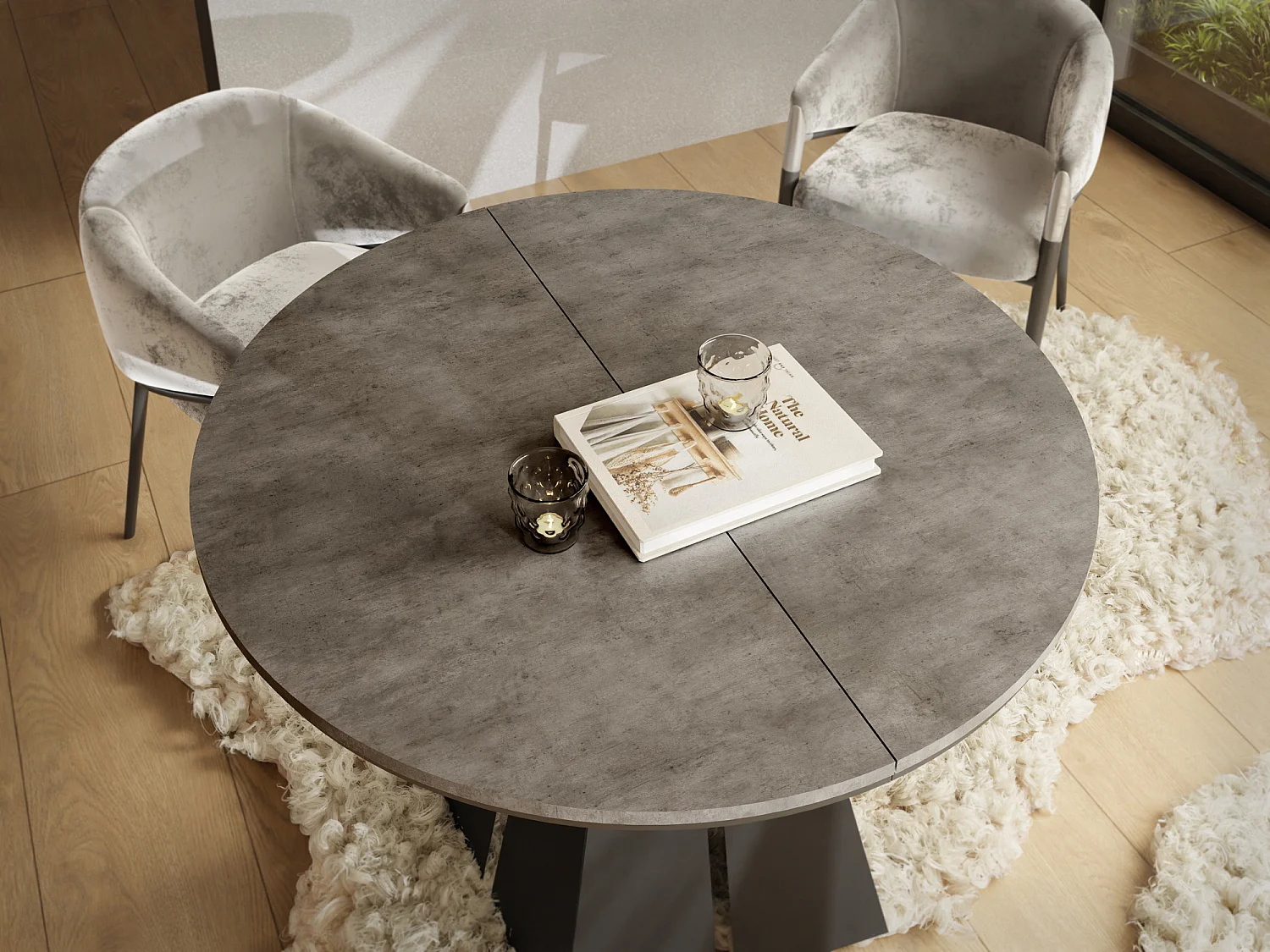 Runder Ausziehbarer Esstisch mit Schwarzem Metallgestell - Moderner Industrieller Tisch für Esszimmer oder Küche - 120 cm bis 200 cm - Made in EU - Chicago Beton