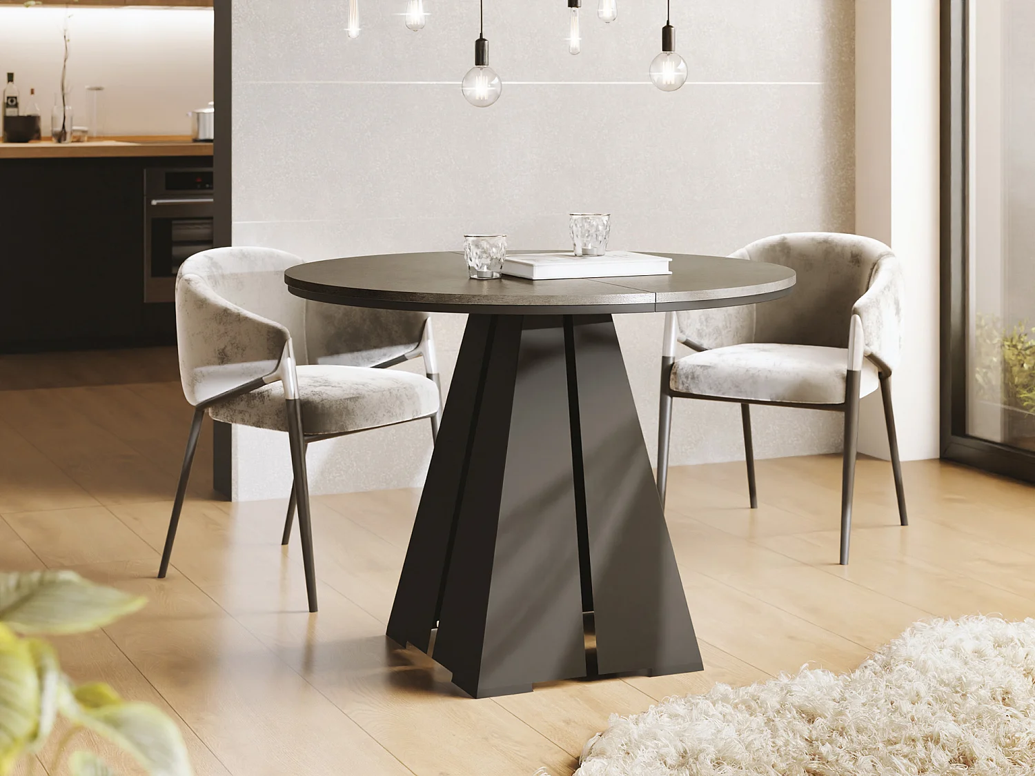 Runder Ausziehbarer Esstisch mit Schwarzem Metallgestell - Moderner Industrieller Tisch für Esszimmer oder Küche - 120 cm bis 200 cm - Made in EU - Chicago Beton