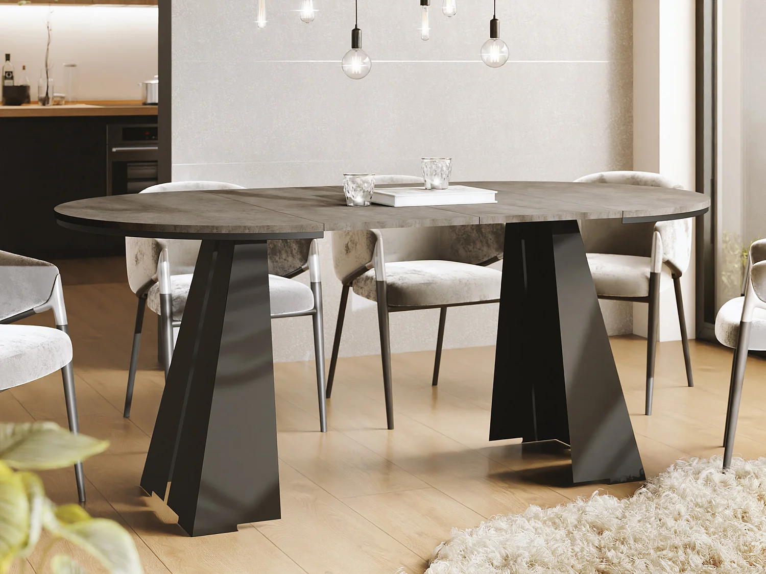Runder Ausziehbarer Esstisch mit Schwarzem Metallgestell - Moderner Industrieller Tisch für Esszimmer oder Küche - 120 cm bis 200 cm - Made in EU - Chicago Beton