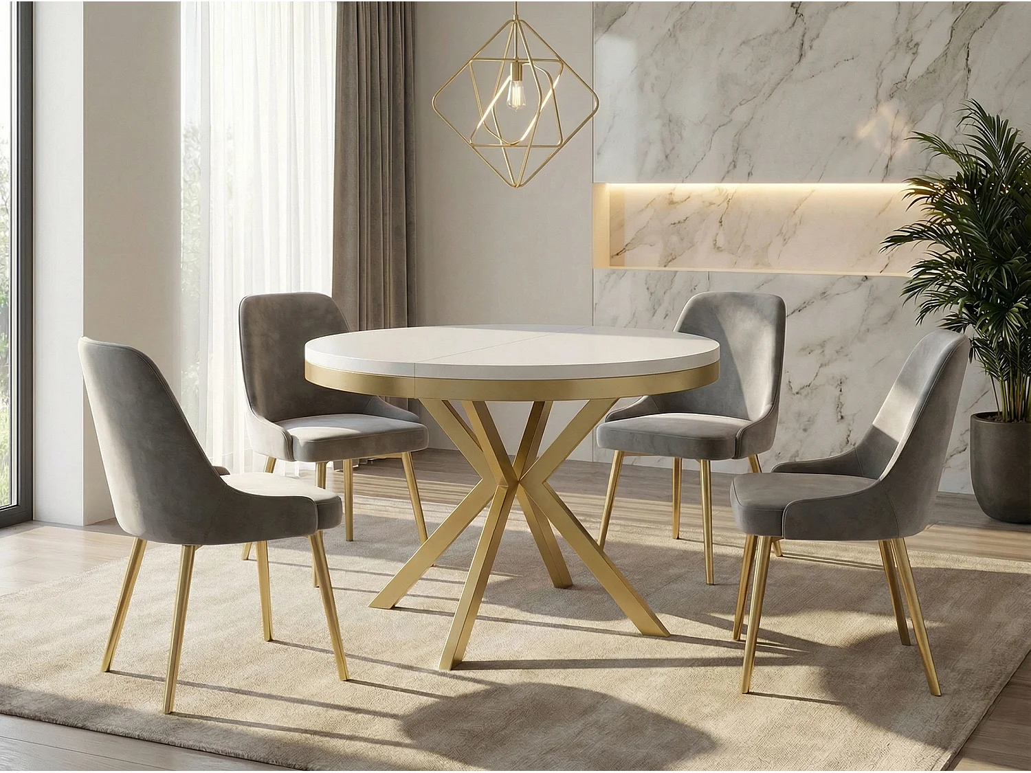 Runder Ausziehbarer Esstisch - Loft Style Tisch mit Goldenen Metallbeinen - 90 bis 170 cm - Industrieller Tisch für Wohnzimmer - Kompakt - 90 cm - Weiß