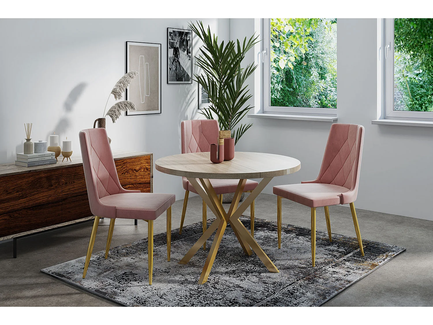 Runder Esstisch Ausziehbar ⌀ 120 cm - Goldene X-Beine - Braun - EU Herstellung