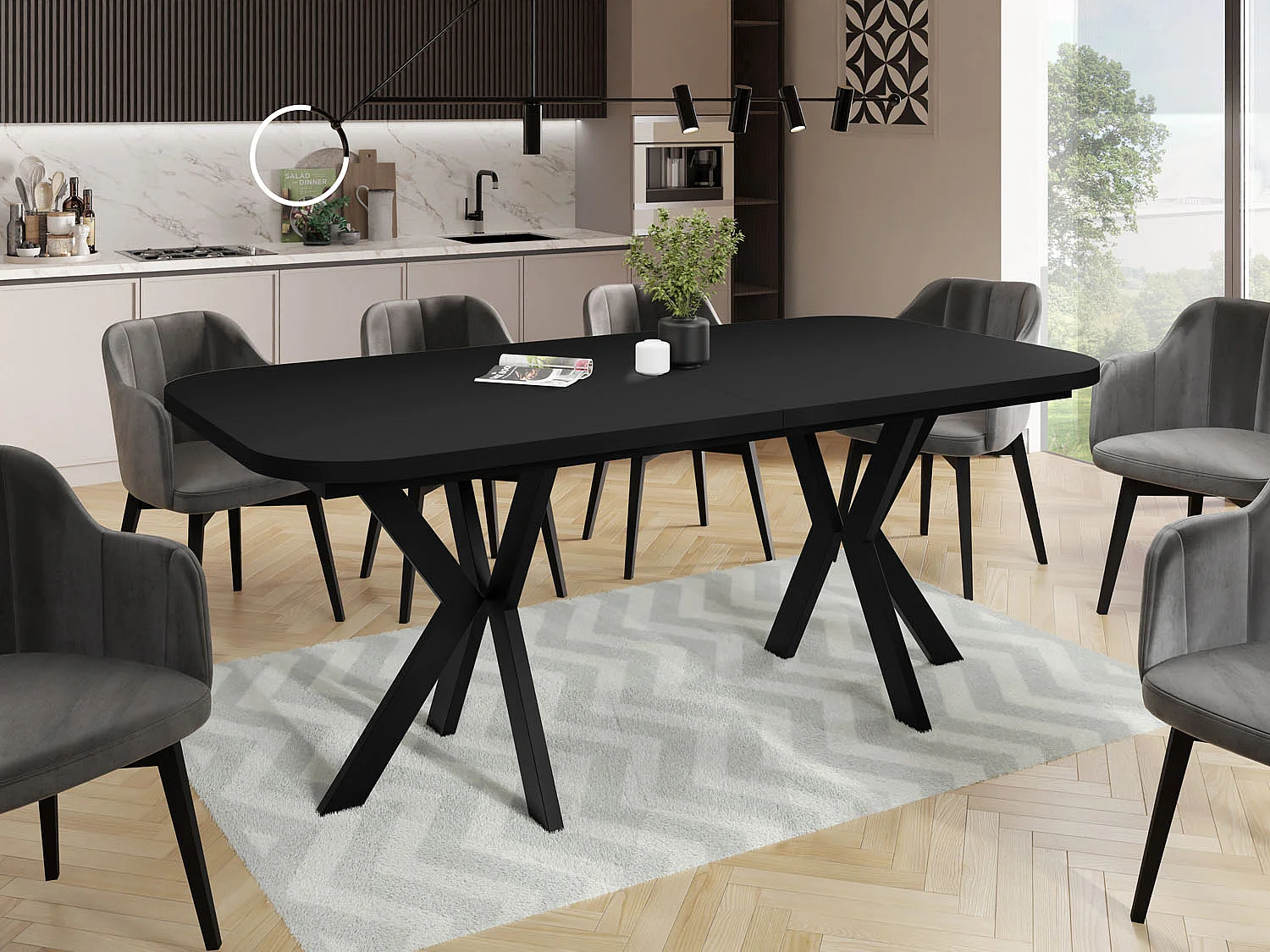 Ausziehbarer Esstisch im Modern-Stil - Rechteckiger Tisch mit Schwarzen Metallbeinen - Industrietisch mit Abgerundeten Ecken - 200 x 100 cm - Schwarz