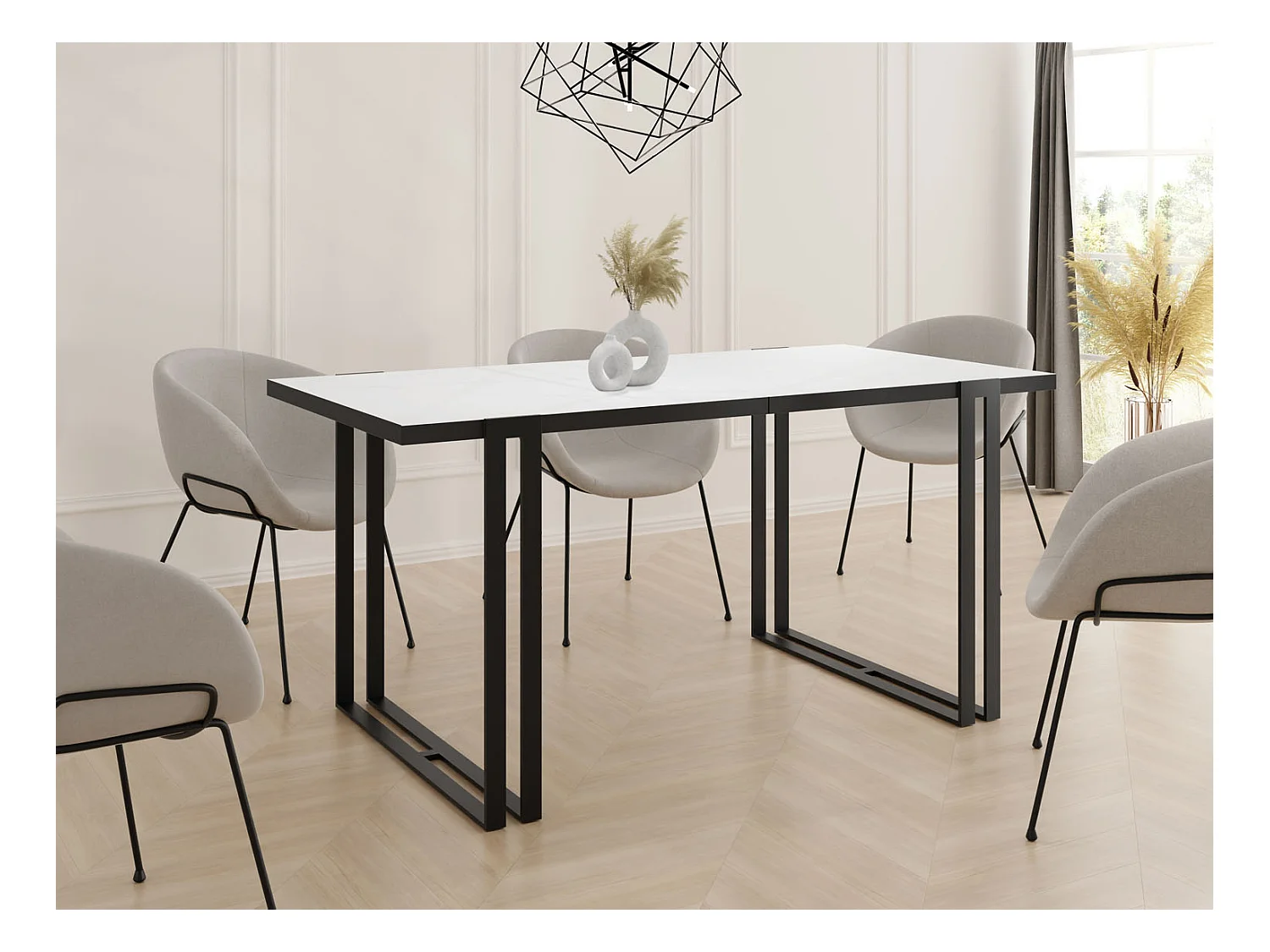 Ausziehbarer Esstisch mit Tischrand schwarzes Dekor - Großer Tisch im Loft-Stil mit Schwarzen Metallbeinen 120 bis 220 cm - 120 x 80 cm - Weiß