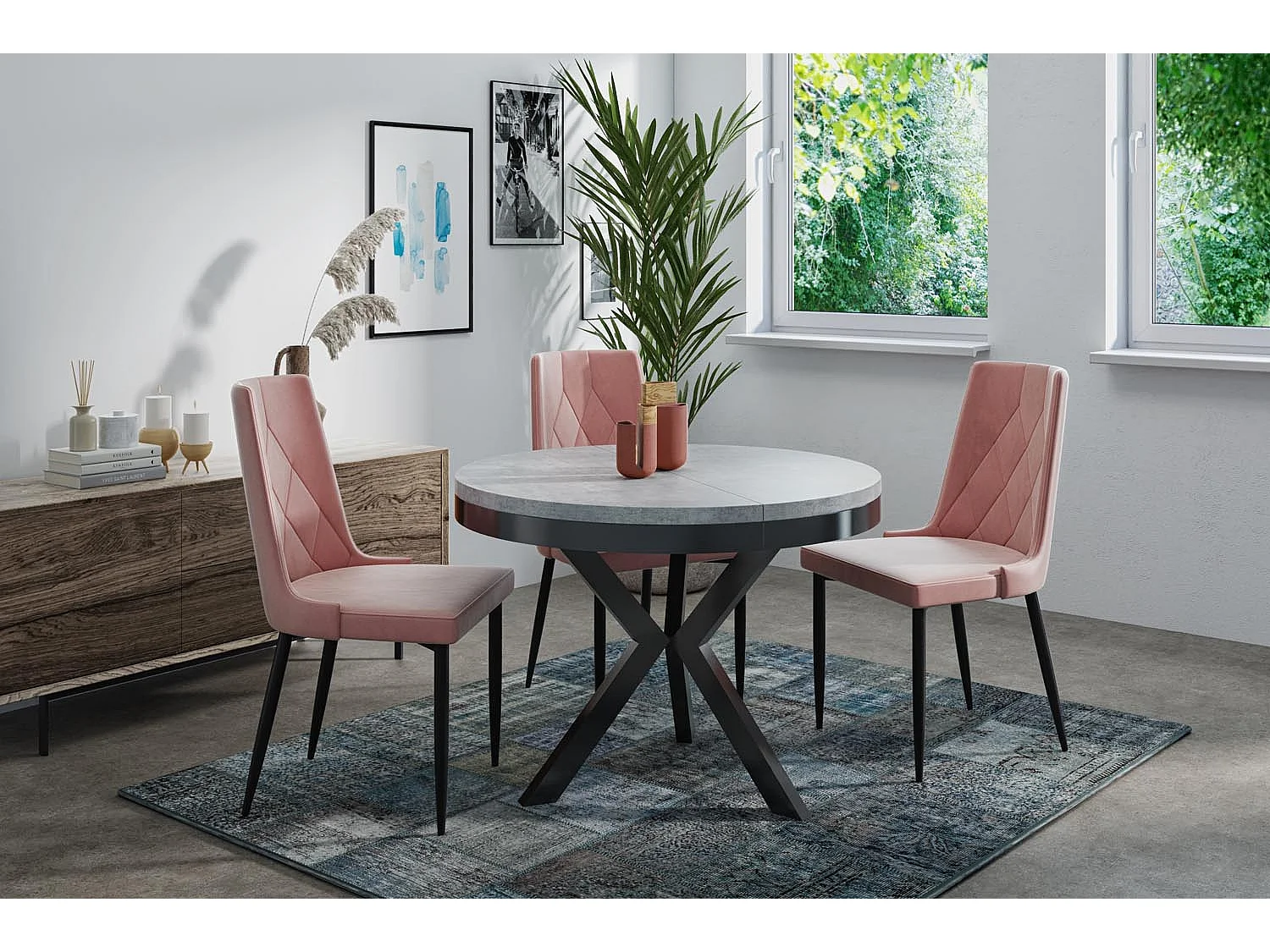 Runder Ausziehbarer Esstisch im Loft-Stil - Industrieller Tisch mit schwarzen Metallbeinen - Platzsparender Tisch für Wohnzimmer - Beton Grau - 100 bis 140 cm