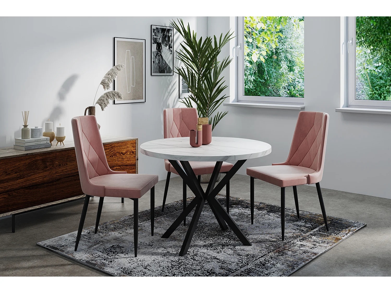 Runder Ausziehbarer Esstisch - Loft Style Tisch mit Metallbeinen - 120 bis 200 cm - Industrieller Tisch für Wohnzimmer - Spacesaver - Marmor Weiß - 120 cm