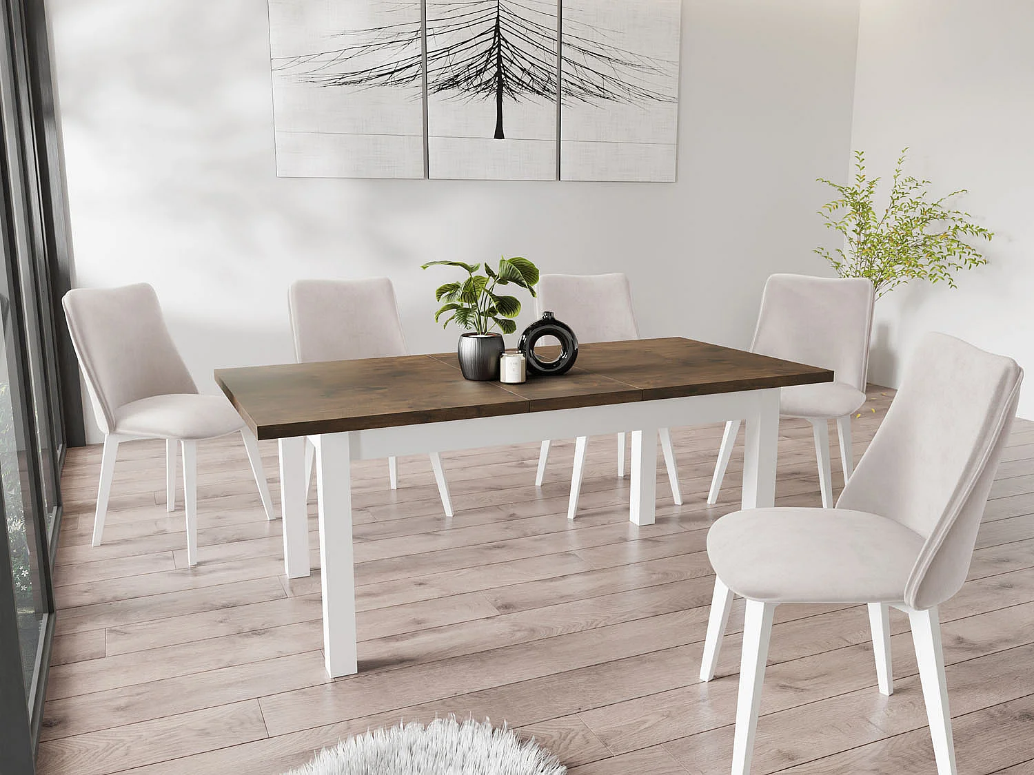 Moderner Rechteckiger Ausziehbarer Esstisch - Platzsparend - Weiße Holzbeine - 160 bis 240 cm - Hergestellt in EU - 160 x 90 cm - Lefkas Eiche