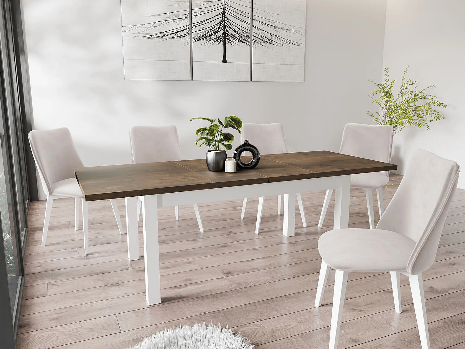 Moderner Rechteckiger Ausziehbarer Esstisch - Platzsparend - Weiße Holzbeine - 160 bis 240 cm - Hergestellt in EU - 160 x 90 cm - Lefkas Eiche