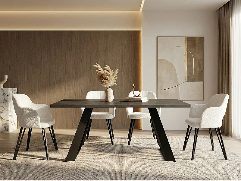 Esstisch Colter Schwarz im Modern Still, Rechteckig Tisch - Ausziehbar von 160 cm bis 260 cm, Pulverbeschichtete Weiße Metallbeine - 160 x 80 cm - Dunkel Beton