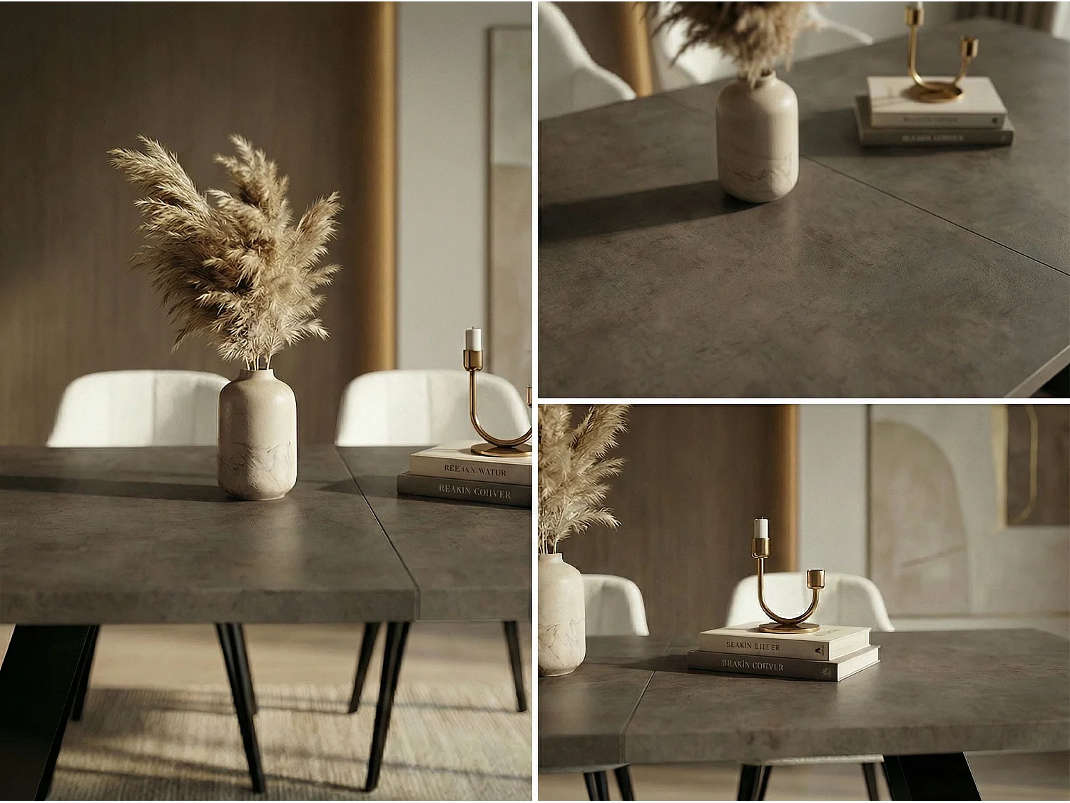 Esstisch Colter Schwarz im Modern Still, Rechteckig Tisch - Ausziehbar von 160 cm bis 260 cm, Pulverbeschichtete Weiße Metallbeine - 160 x 80 cm - Dunkel Beton