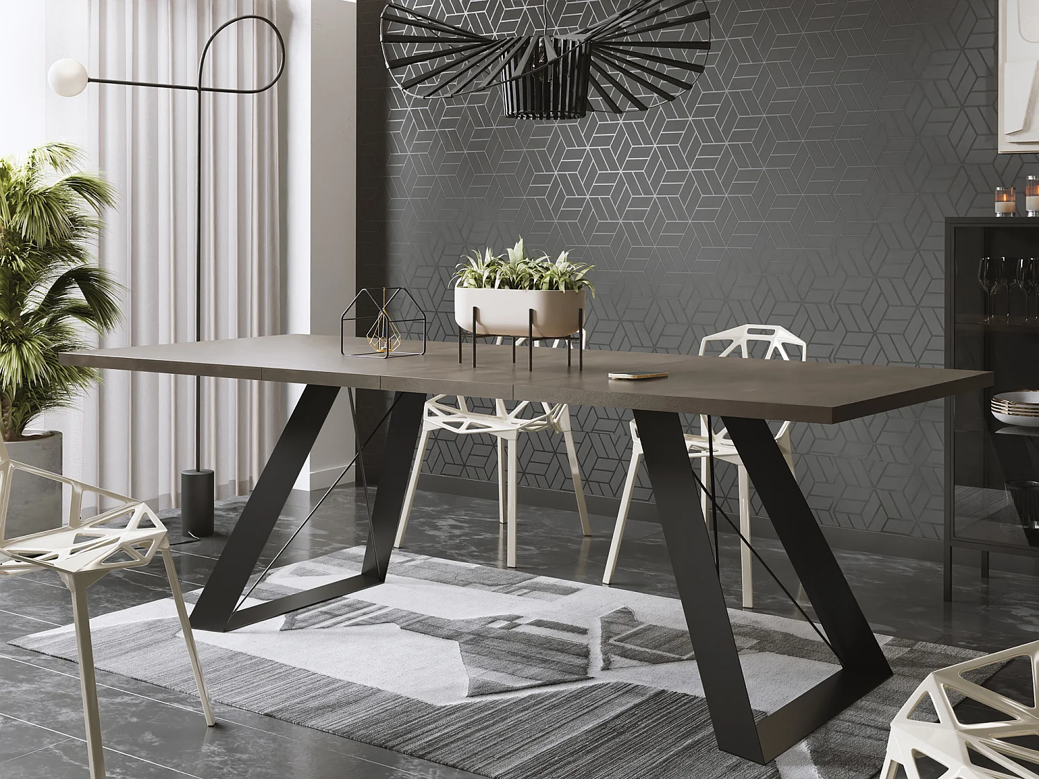 Esstisch Colter Schwarz im Modern Still, Rechteckig Tisch - Ausziehbar von 160 cm bis 260 cm, Pulverbeschichtete Weiße Metallbeine - 160 x 80 cm - Dunkel Beton