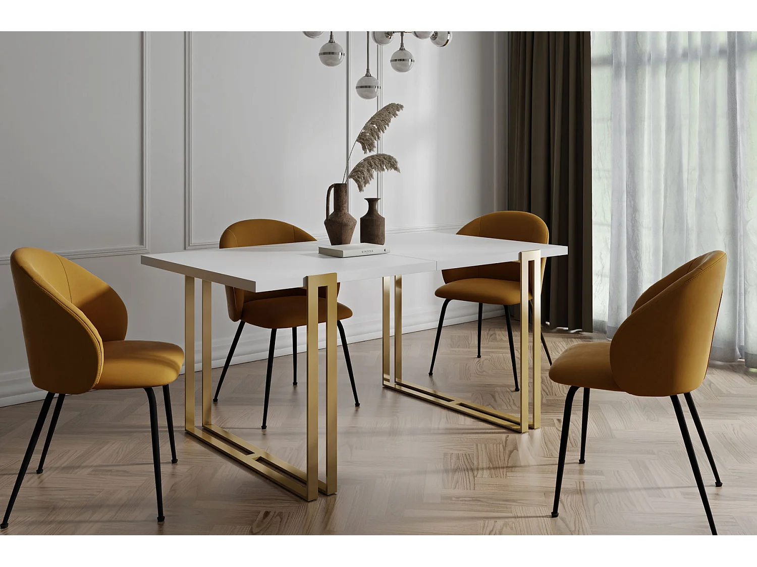 Table à Manger Extensible Rectangulaire Style Loft - Grande Table Industrielle Avec Pieds Métalliques Dorés, 140 à 240 cm - Table de Conférence - Blanc