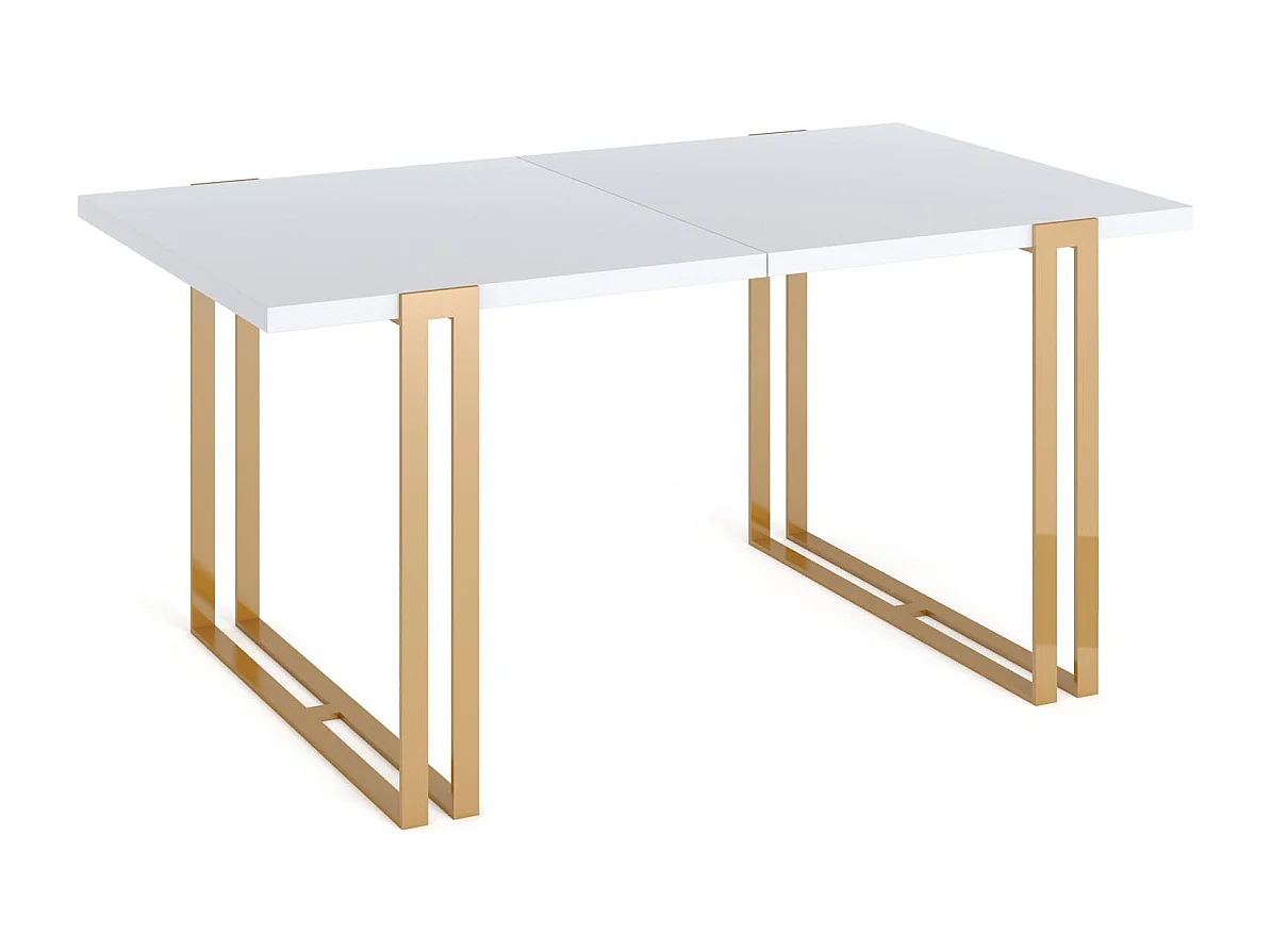 Table à Manger Extensible Rectangulaire Style Loft - Grande Table Industrielle Avec Pieds Métalliques Dorés, 140 à 240 cm - Table de Conférence - Blanc