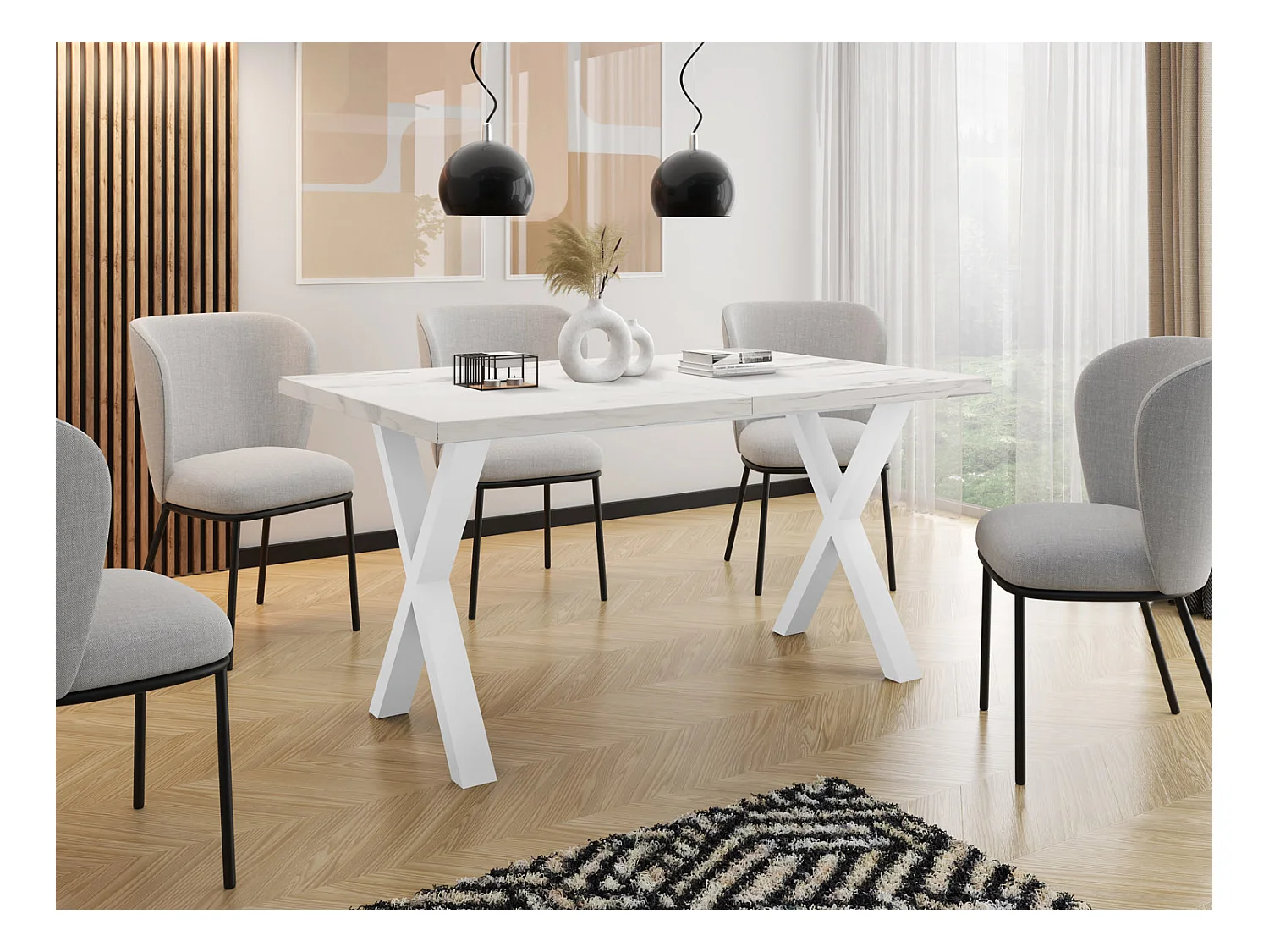 Rechteckiger Ausziehbarer Esstisch - Großer Modern-Stil Tisch mit Weißen Metallbeinen 120 140 160 cm bis 220 240 260 cm - Spacesaver - 140 x 80 cm - Marmor Weiß