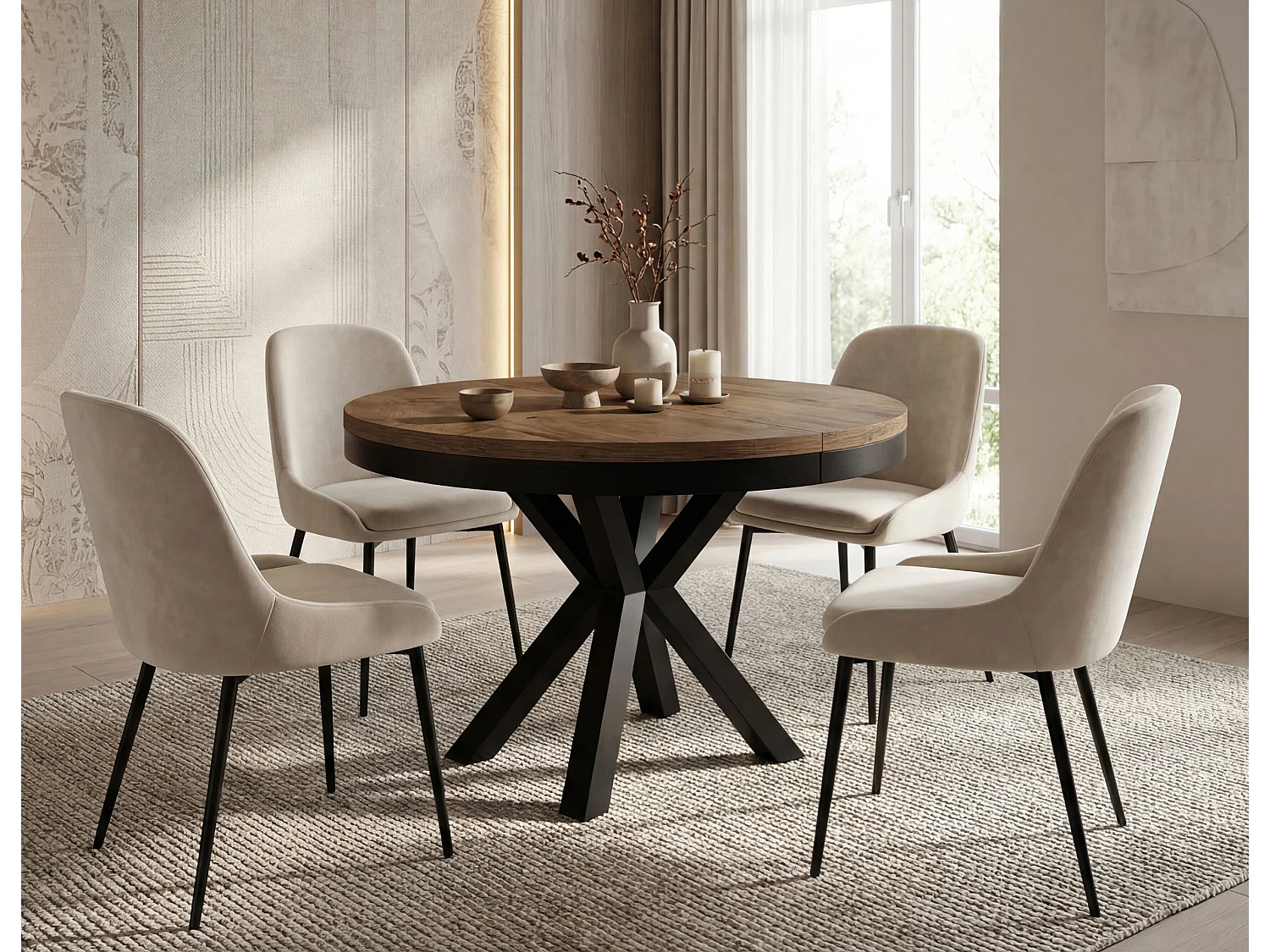 Runder Ausziehbarer Esstisch im Loft-Stil - Industrieller Tisch mit Schwarzen Metallbeinen - Platzsparender Tisch für Wohnzimmer - Lefkas Eiche - 120 bis 200 cm