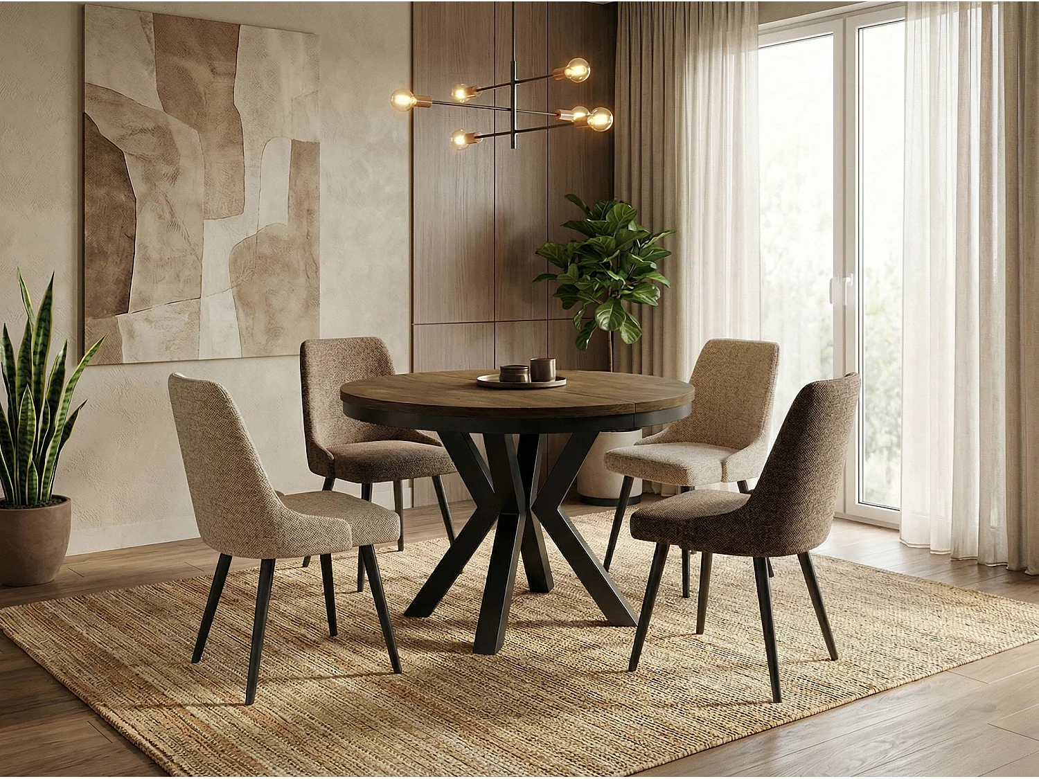 Runder Ausziehbarer Esstisch im Loft-Stil - Industrieller Tisch mit Schwarzen Metallbeinen - Platzsparender Tisch für Wohnzimmer - Lefkas Eiche - 120 bis 200 cm