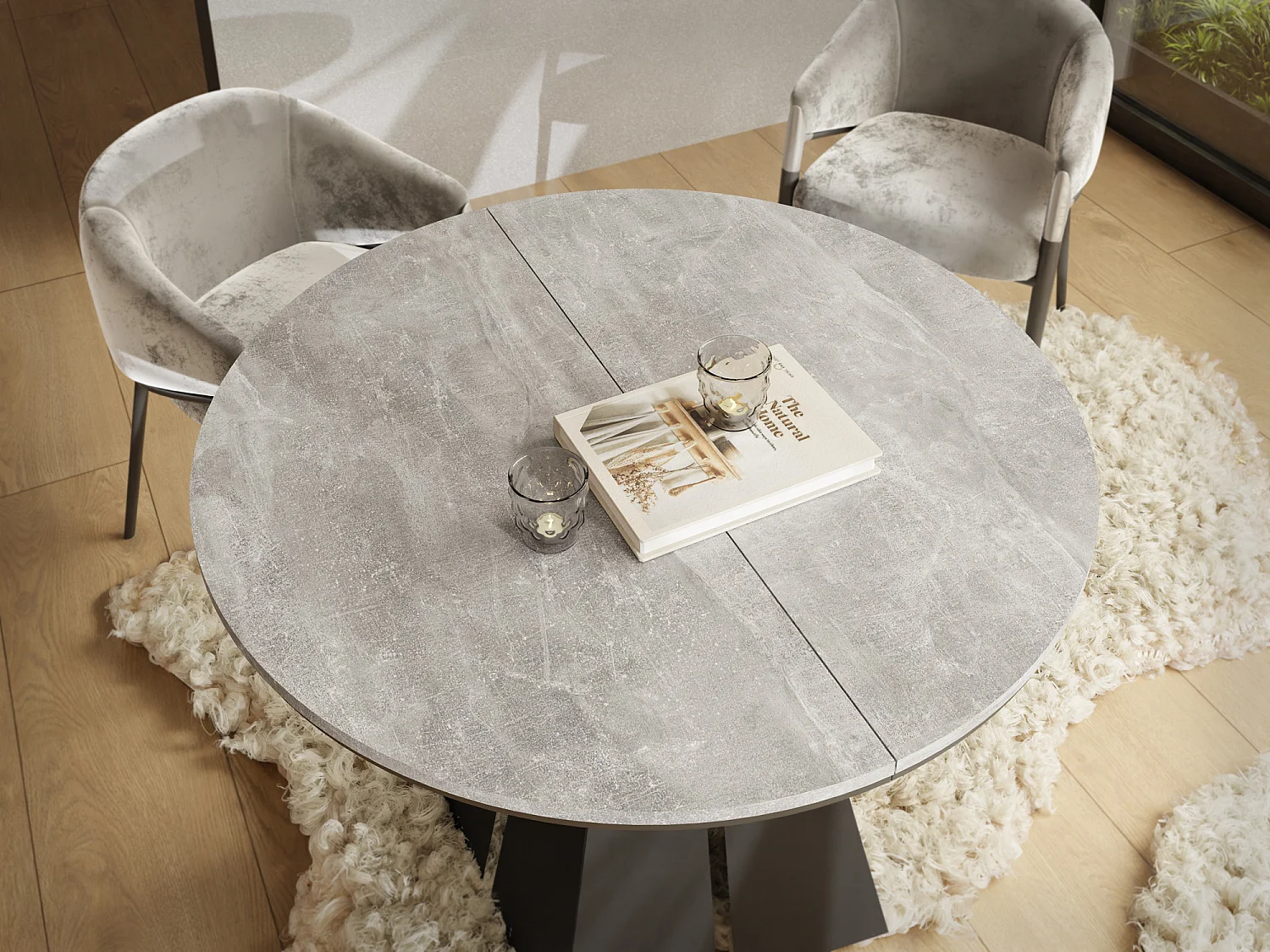 Table à Manger Ronde Extensible avec Piètement Métallique Noir - Table Industrielle Moderne pour Salle à Manger - 100 cm à 180 cm - Fabriqué en UE - Béton Gris