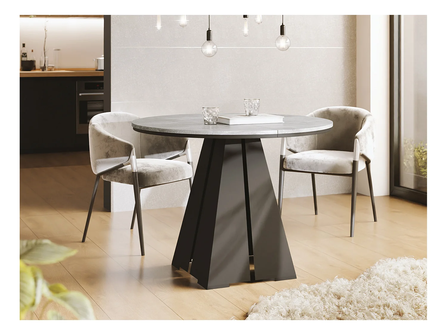Runder Ausziehbarer Esstisch mit Schwarzem Metallgestell - Moderner Industrieller Tisch für Esszimmer oder Küche - 100 cm bis 180 cm - Made in EU - Grauer Beton