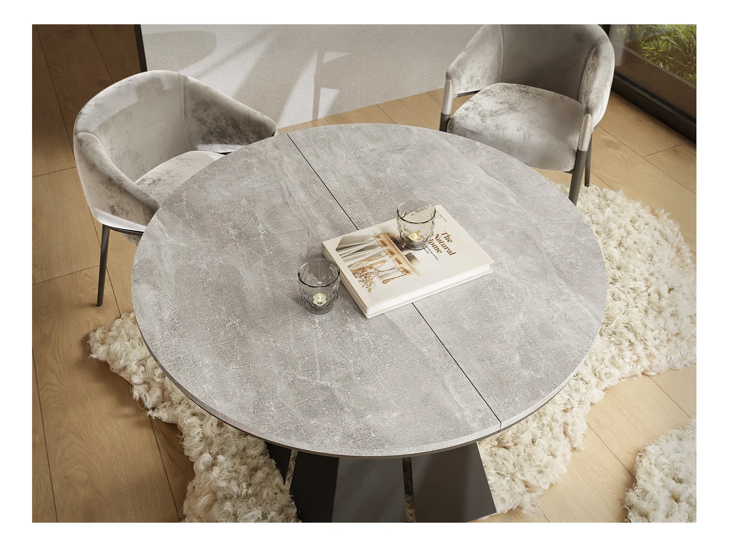 Runder Ausziehbarer Esstisch mit Schwarzem Metallgestell - Moderner Industrieller Tisch für Esszimmer oder Küche - 100 cm bis 180 cm - Made in EU - Grauer Beton