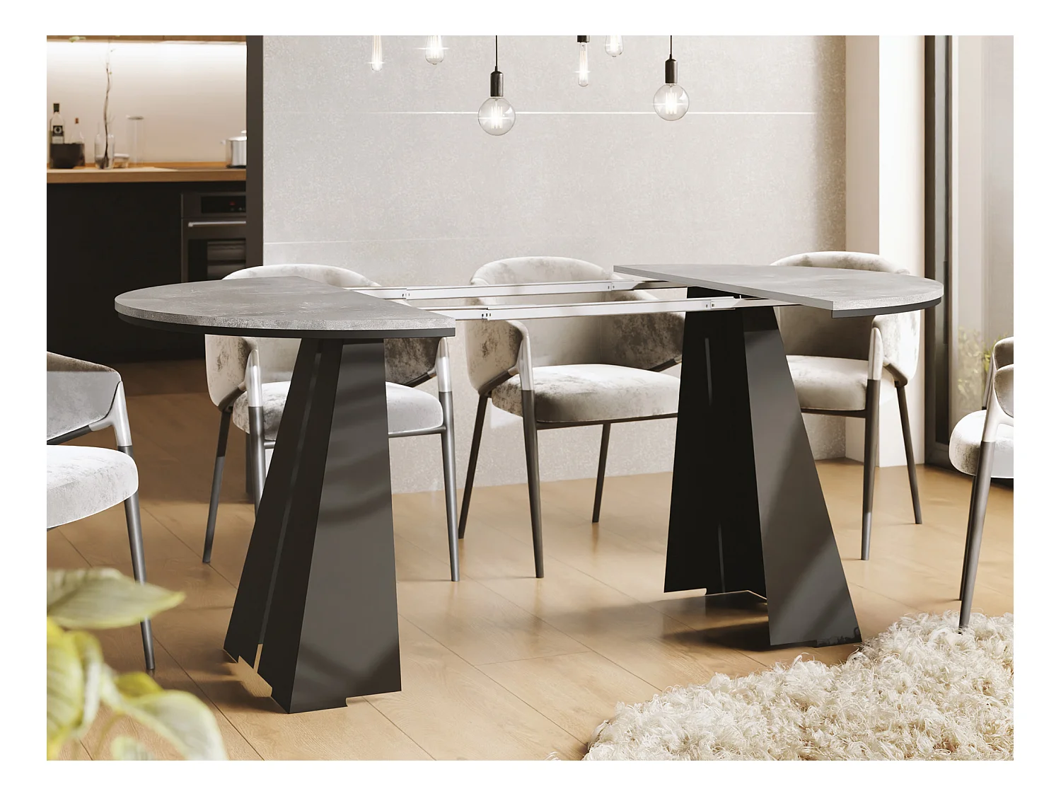 Runder Ausziehbarer Esstisch mit Schwarzem Metallgestell - Moderner Industrieller Tisch für Esszimmer oder Küche - 100 cm bis 180 cm - Made in EU - Grauer Beton