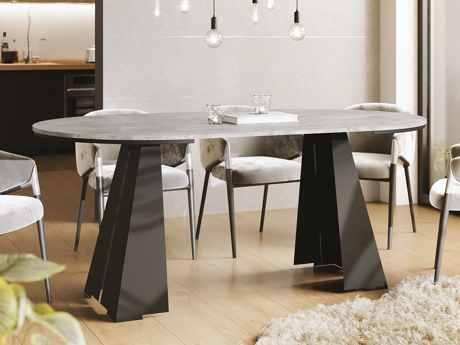 Runder Ausziehbarer Esstisch mit Schwarzem Metallgestell - Moderner Industrieller Tisch für Esszimmer oder Küche - 100 cm bis 180 cm - Made in EU - Grauer Beton