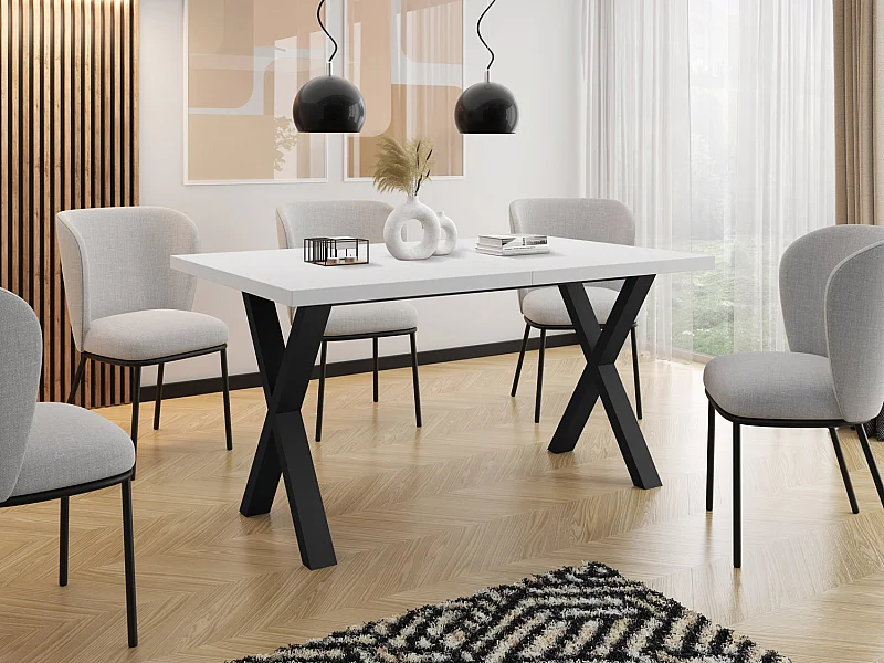 Table de Salle à Manger Rectangulaire Extensible - Grande Table de Style Moderne avec Pieds Métalliques Noirs - 120 à 220 cm - Compacte - Blanc