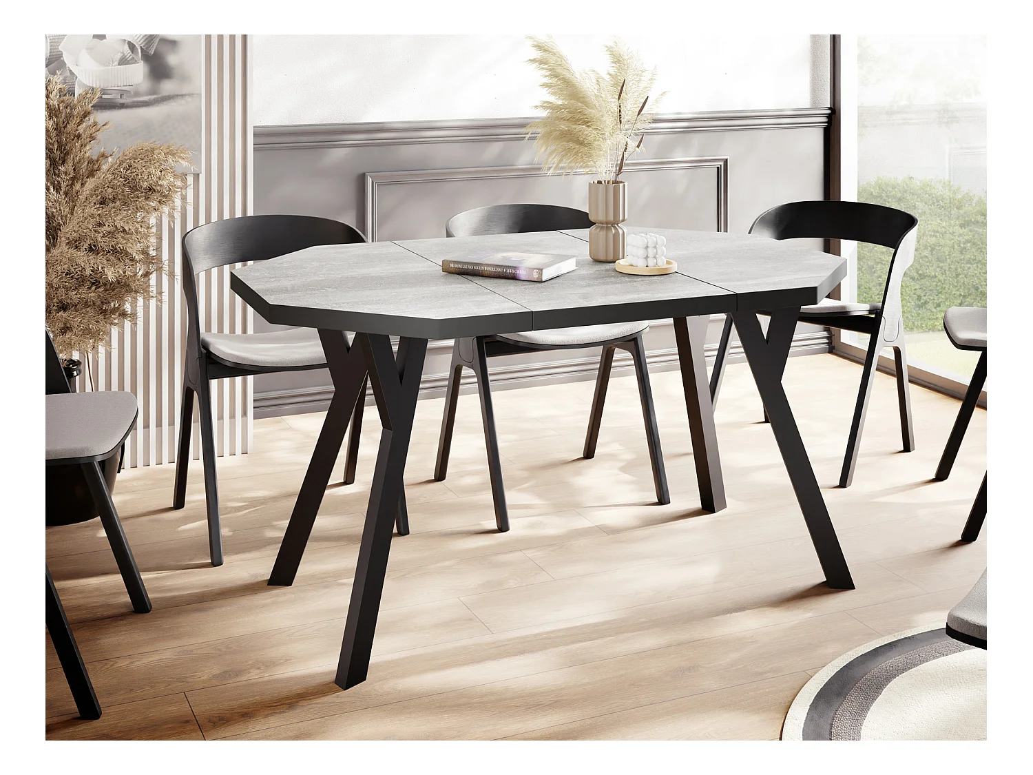 Moderner Runder Ausziehbarer Esstisch Desmond mit Schwarz Holzbeinen – Erweiterbar bis 200 cm, Ideal für 4 bis 8 Personen - Loft-Stil Tisch für Küche - Beton Grau