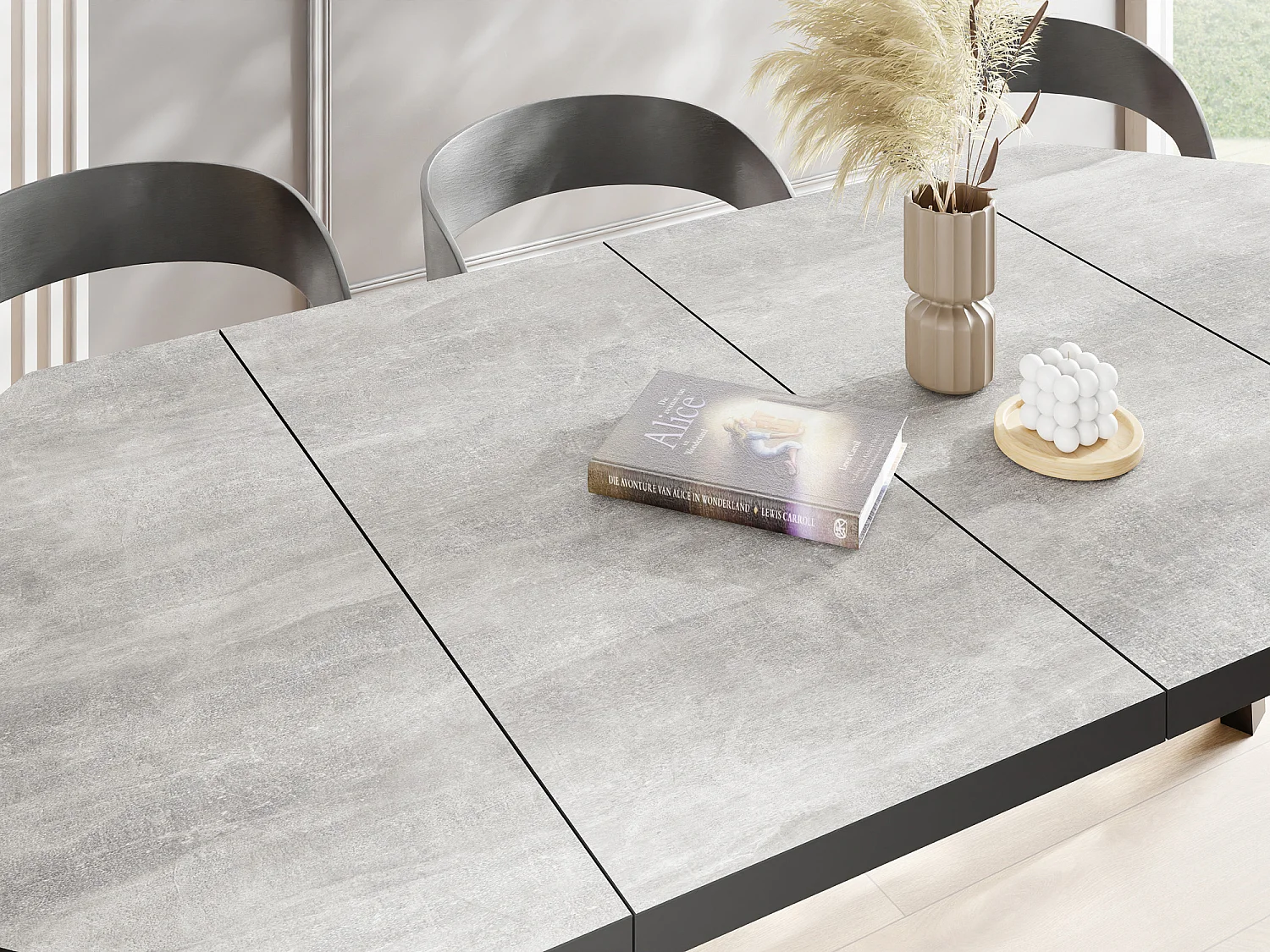 Moderner Runder Ausziehbarer Esstisch Desmond mit Schwarz Holzbeinen – Erweiterbar bis 200 cm, Ideal für 4 bis 8 Personen - Loft-Stil Tisch für Küche - Beton Grau