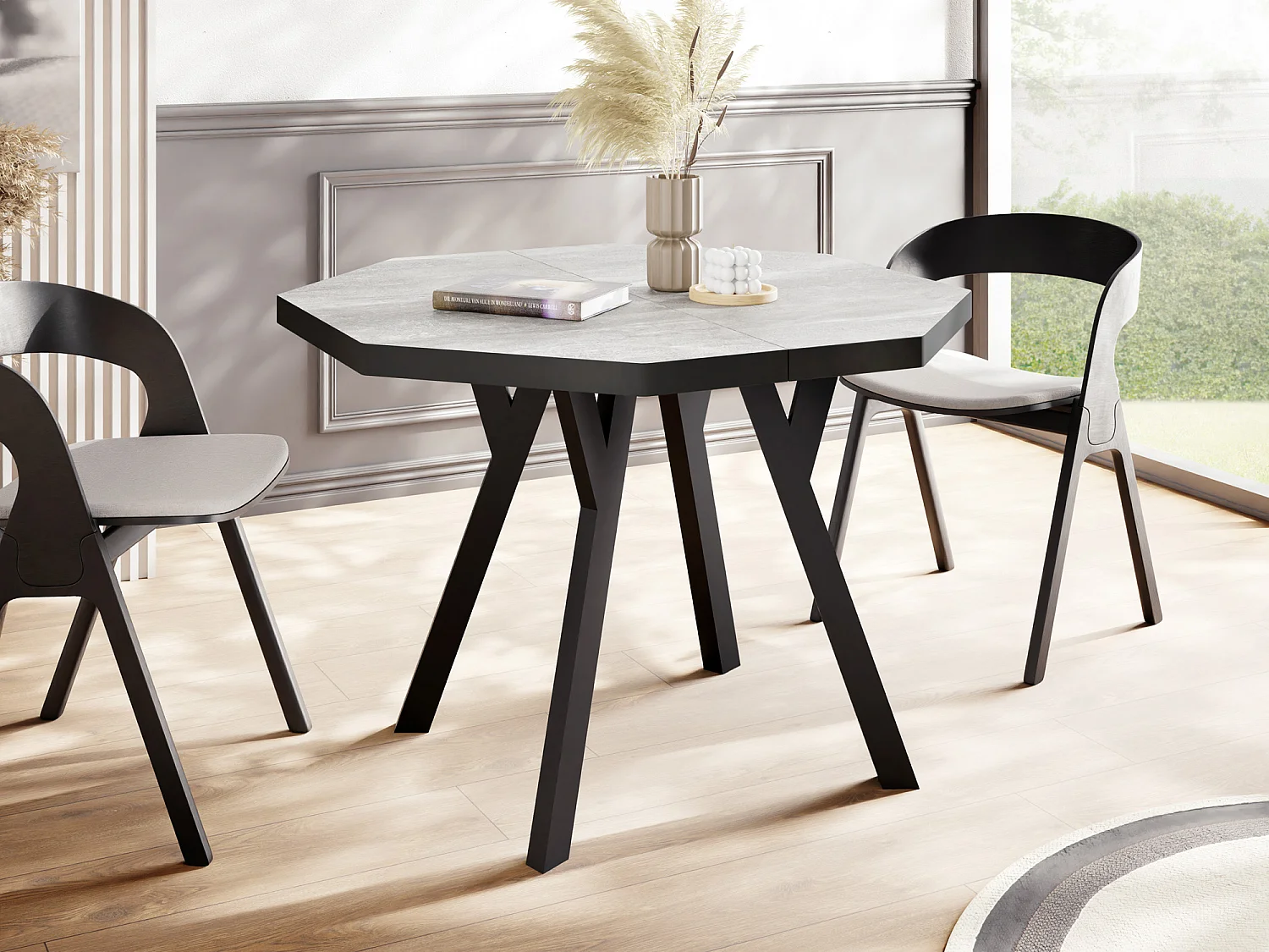 Table à Manger Extensible Moderne avec Pieds Noirs - Plateau en Panneau Stratifié, Style Loft - Atelier Gris - 100/200