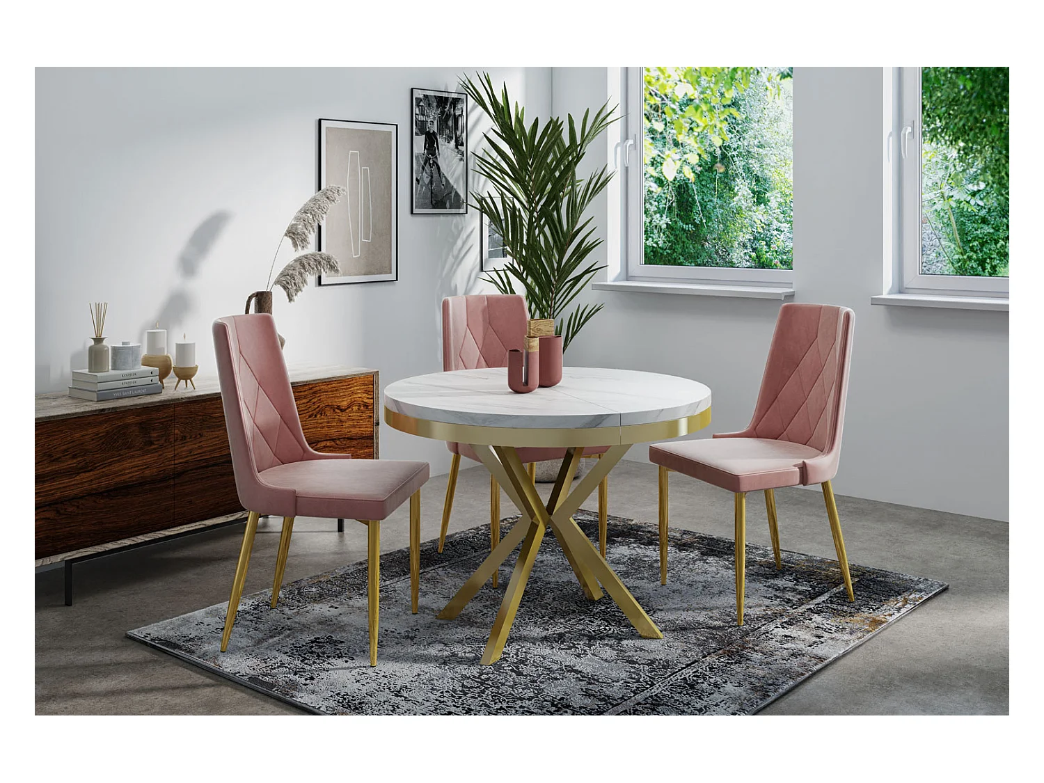 Table à Manger Extensible Ronde - Table Style Loft avec Doré Pieds en Métal - 100 à 180 cm - Table Ronde Style Industriel Pour le Salon - 100 cm - Marbre Blanc