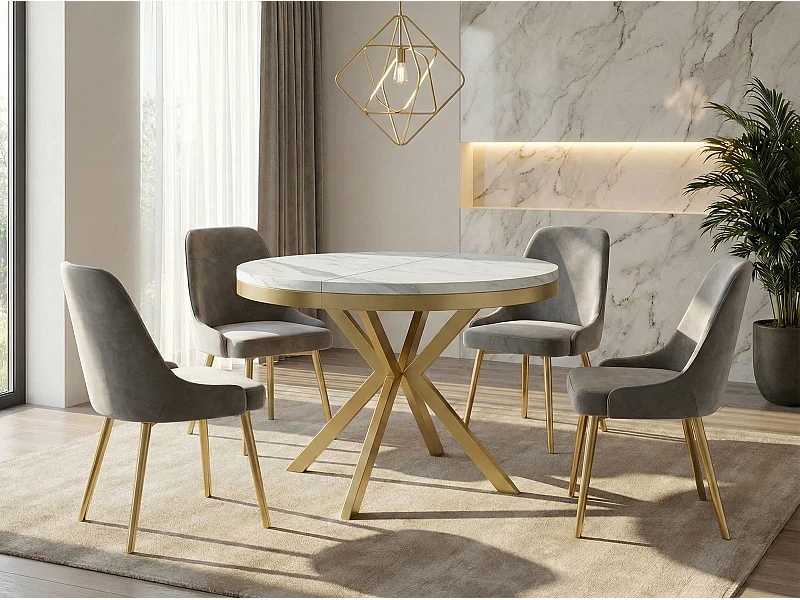 Runder Ausziehbarer Esstisch - Loft Style Tisch mit Goldenen Metallbeinen - 100 bis 180 cm - Industrieller Tisch für Wohnzimmer - Kompakt - 100 cm - Marmor Weiß